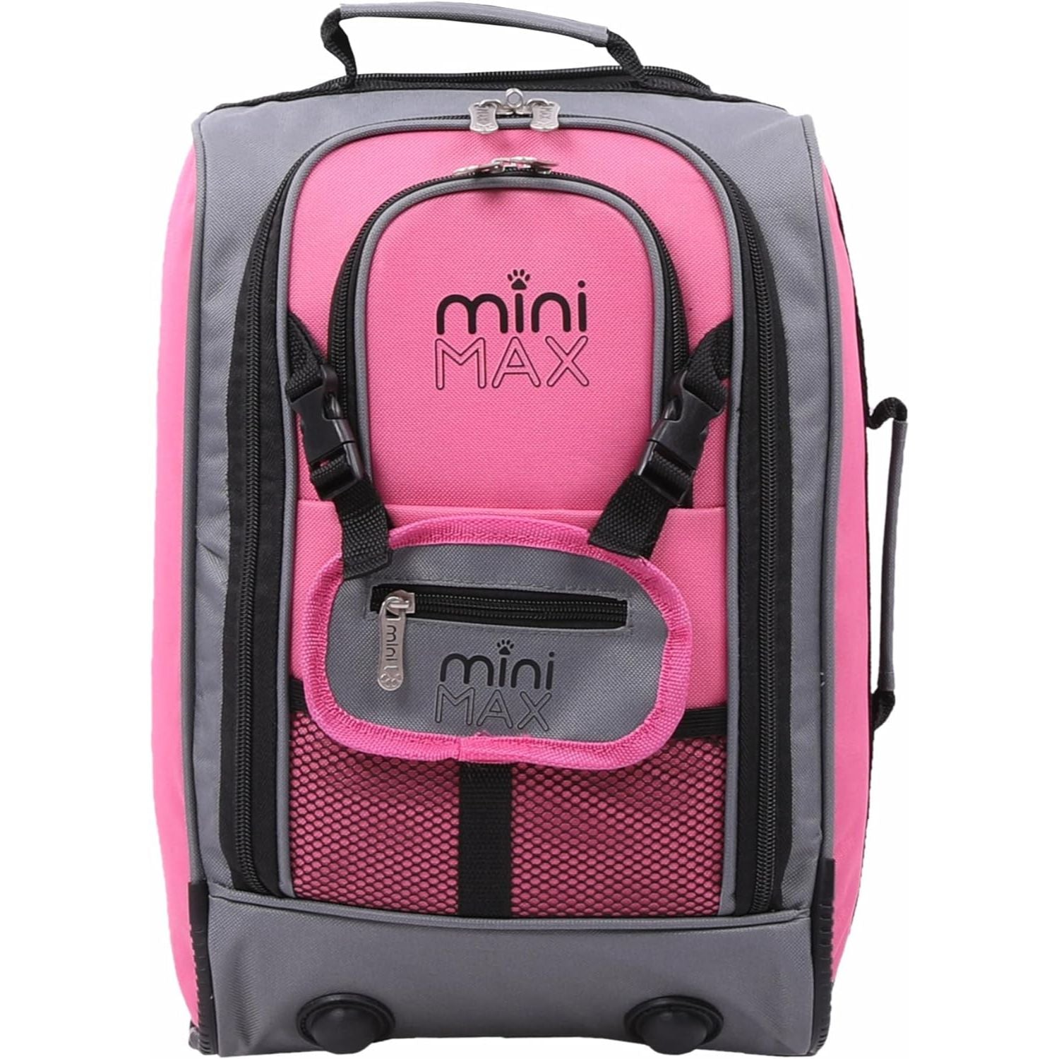 Front view of Aerolite MiniMax trolley backpack in pink and grey, featuring a compact design with front pockets and adjustable straps.