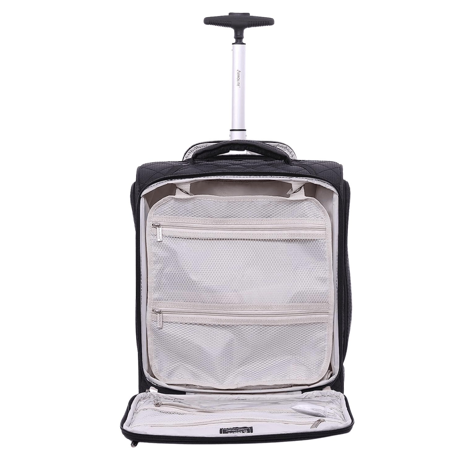 Aerolite 45x36x20cm cabin luggage with open front compartment showing mesh pockets and organized storage space.