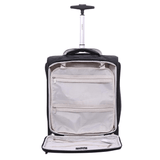 Aerolite 45x36x20cm cabin luggage with open front compartment showing mesh pockets and organized storage space.