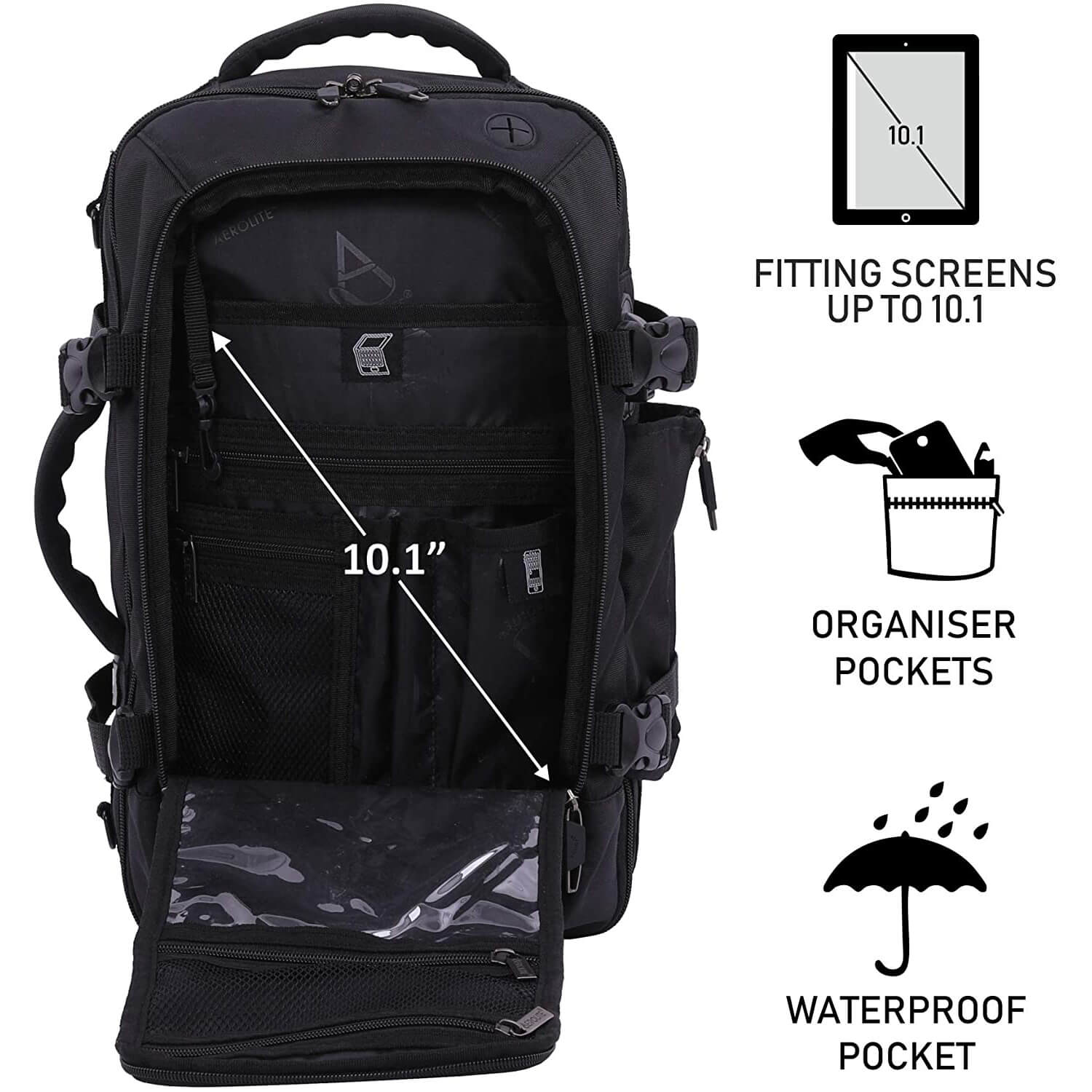 Aerolite (40x20x25cm) Backpack/Rucksack Approved for Ryanair with YKK Zippers, Built-in USB Charging Port, Black