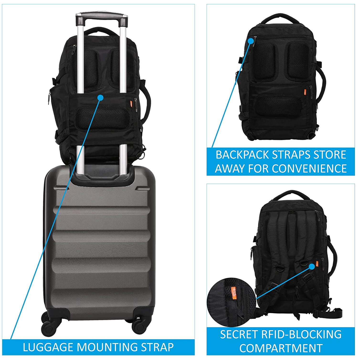 Aerolite (40x20x25cm) Backpack/Rucksack Approved for Ryanair with YKK Zippers, Built-in USB Charging Port, Black