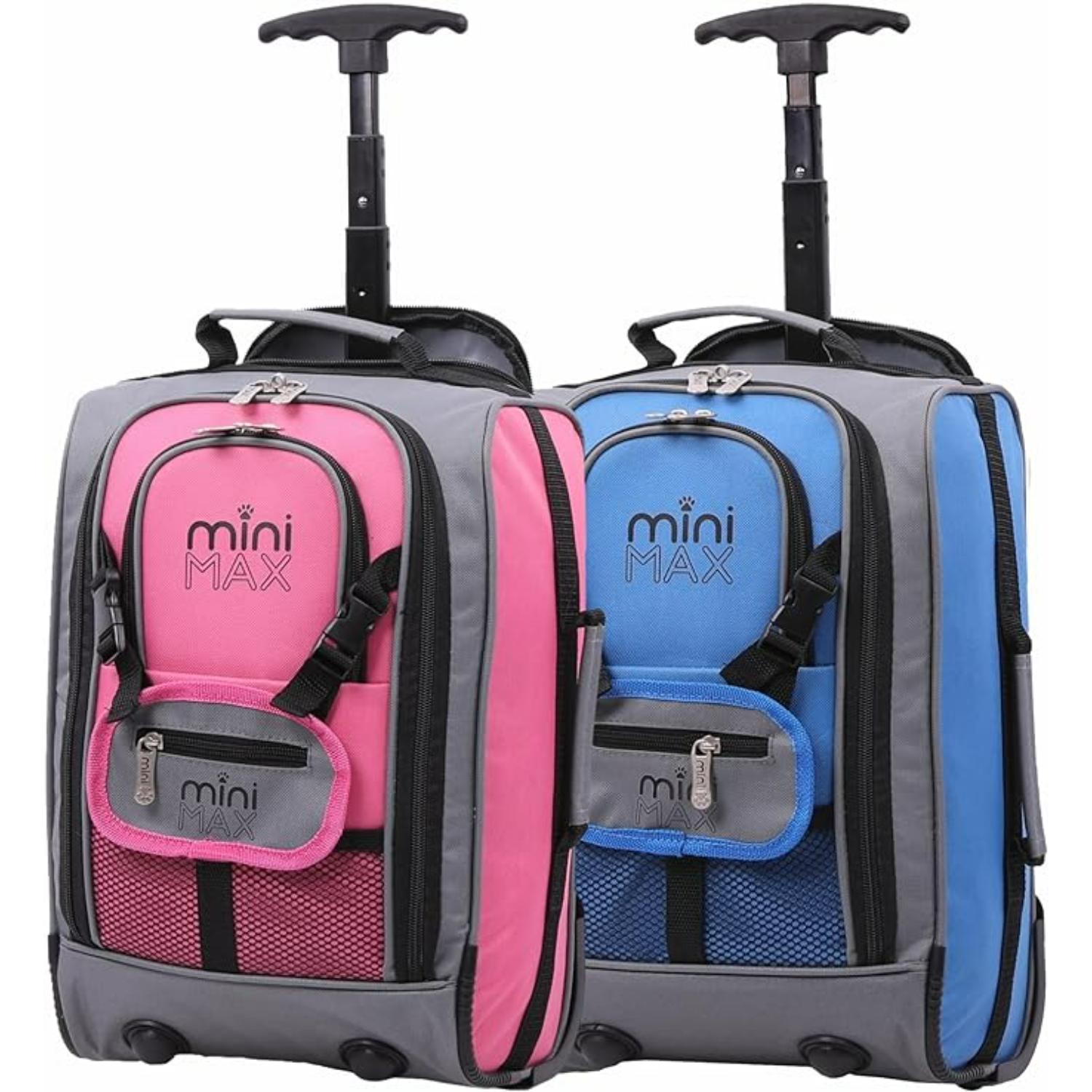 Set of two Aerolite MiniMax trolley backpacks in pink and blue, showcasing their compact design and airline compatibility.