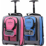 Set of two Aerolite MiniMax trolley backpacks in pink and blue, showcasing their compact design and airline compatibility.