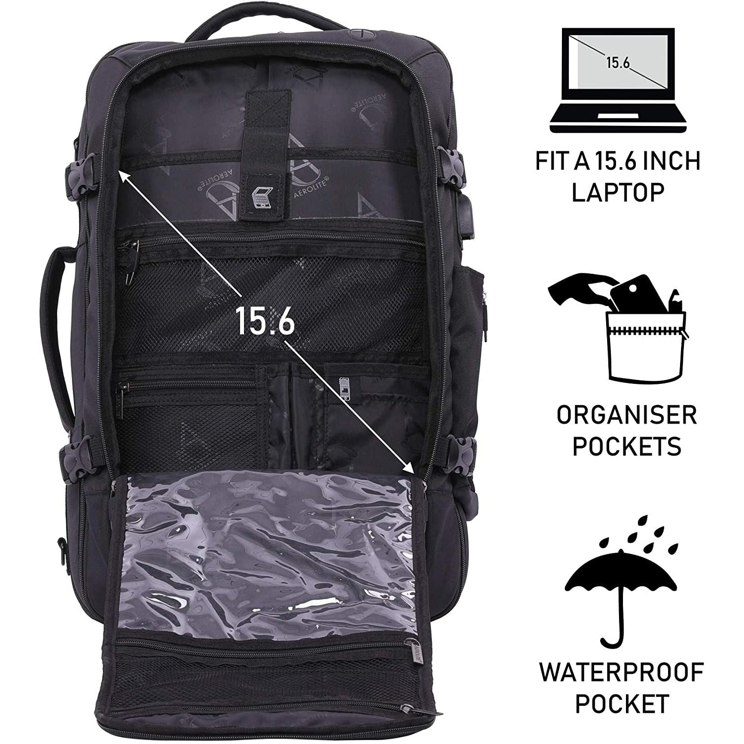 Aerolite (55x35x20cm) 3 in 1 Cabin Luggage Laptop Backpack, Approved for Ryanair, EasyJet, British Airways, Delta, Flybe, Lufthansa, Norwegian, Jet2, KLM, Wizz Air and Virgin Atlantic - Aerolite UK