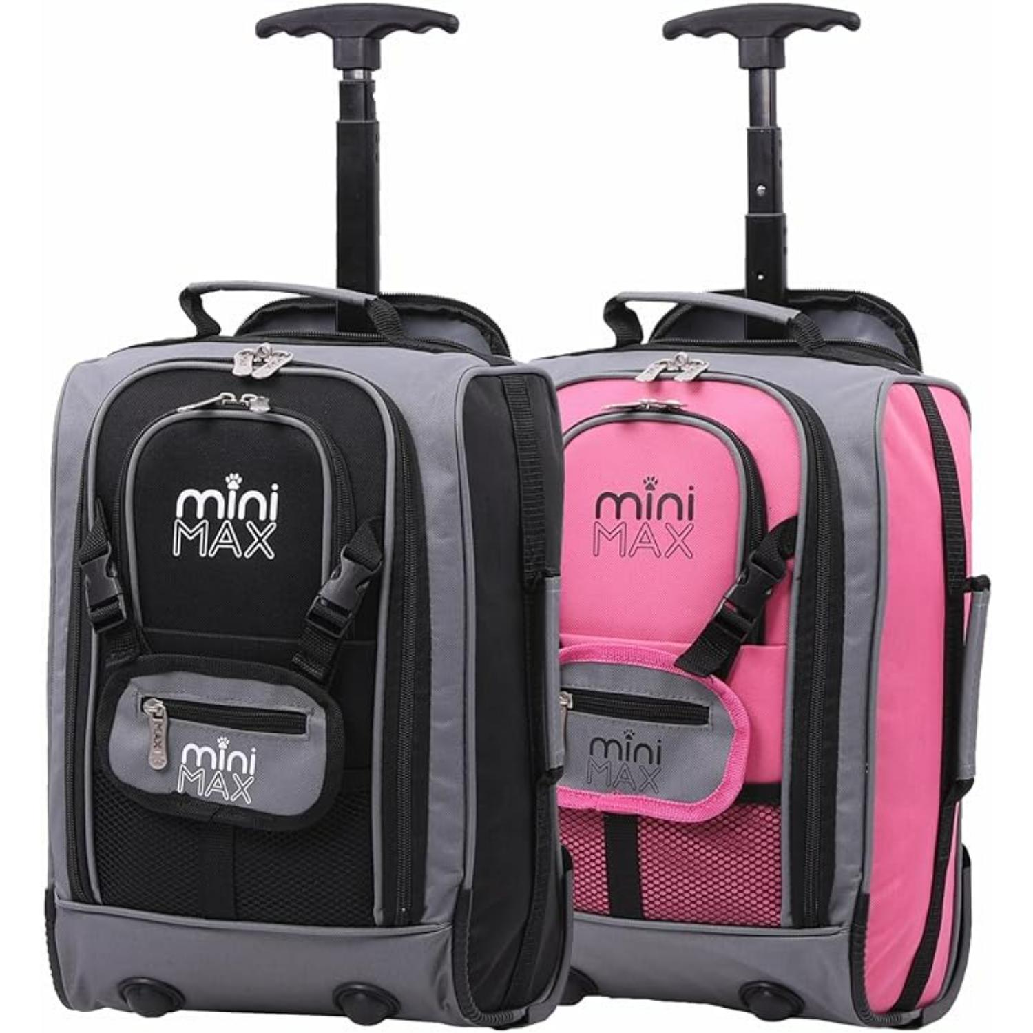 Set of two Aerolite MiniMax trolley backpacks in black and pink, showcasing their compact design and airline compatibility.