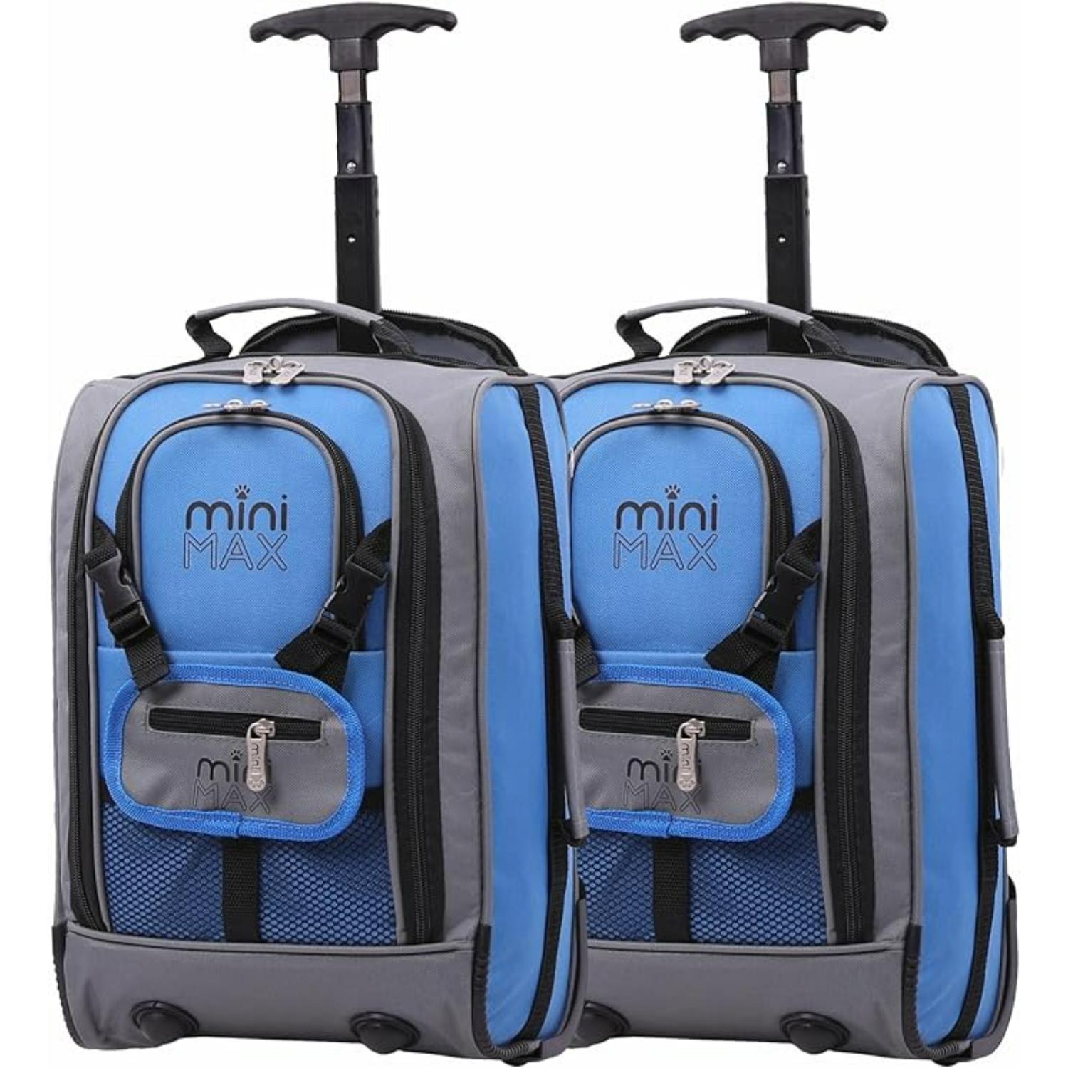 Set of two Aerolite MiniMax trolley backpacks in blue and grey, showcasing their compact design and airline compatibility.