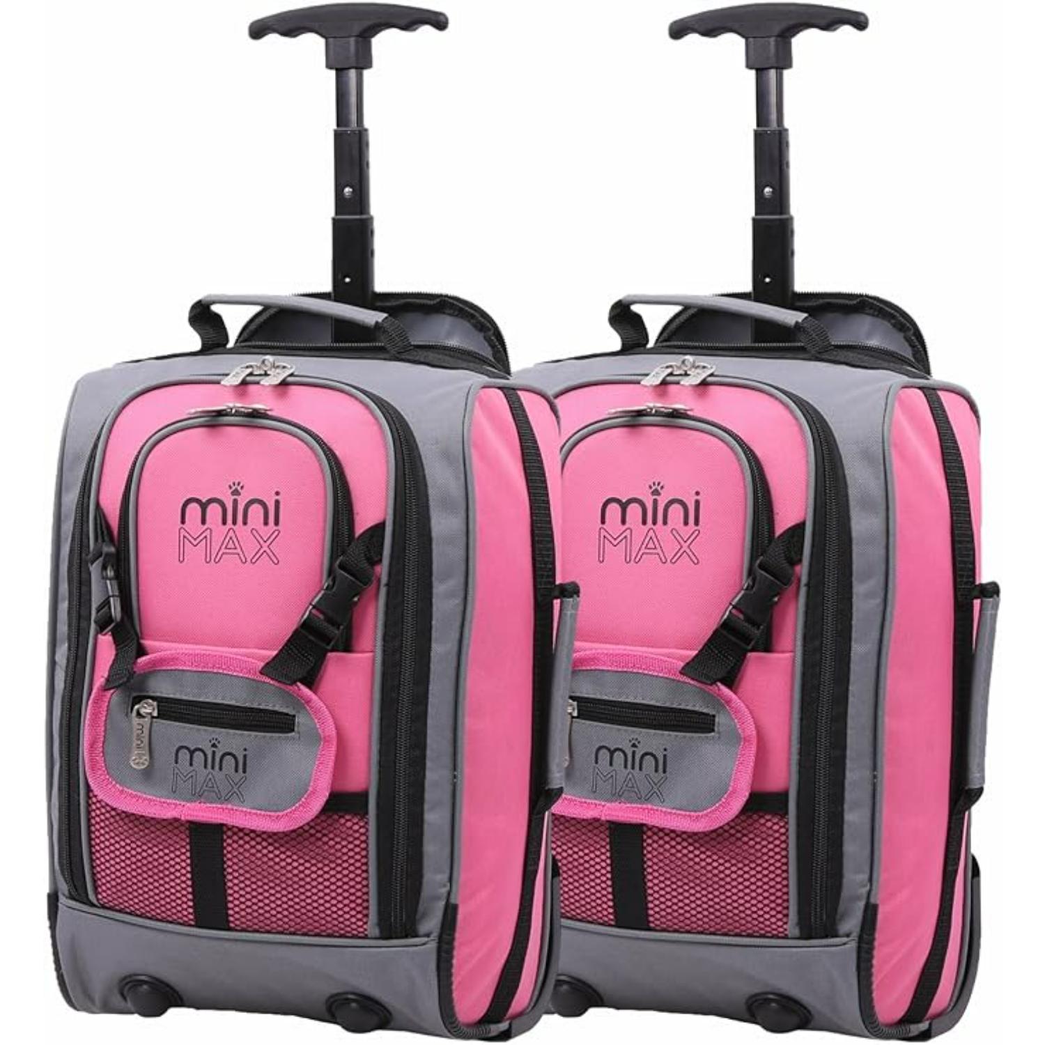 Set of two Aerolite MiniMax trolley backpacks in pink and grey, showcasing their compact design and airline compatibility.