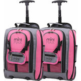 Set of two Aerolite MiniMax trolley backpacks in pink and grey, showcasing their compact design and airline compatibility.