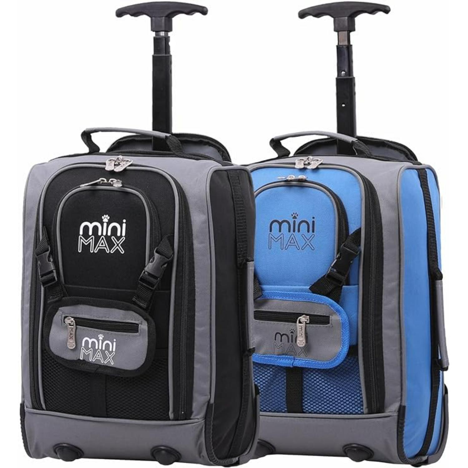 Set of two Aerolite MiniMax trolley backpacks in black and blue, showcasing their compact design and airline compatibility.