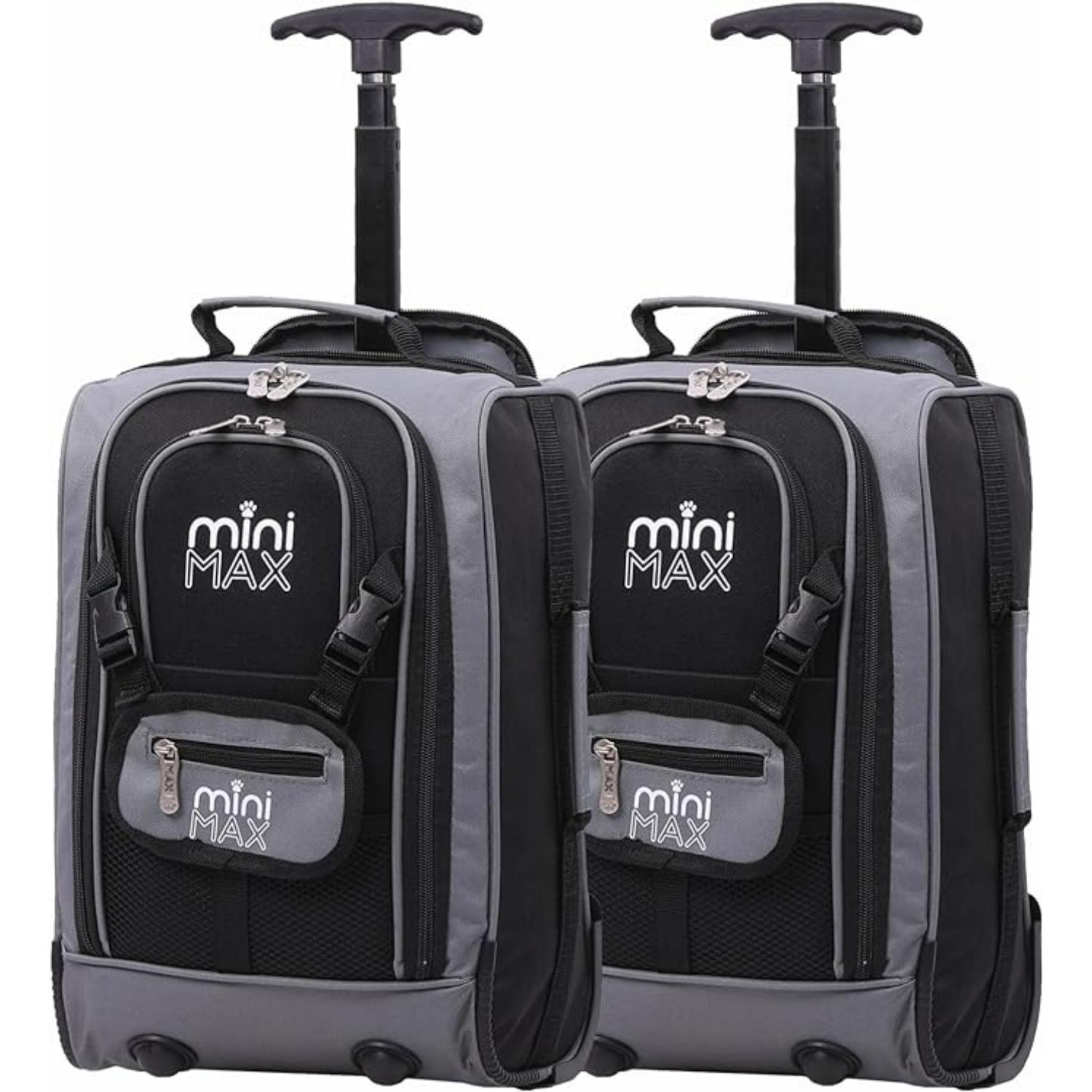 Set of two Aerolite MiniMax trolley backpacks in black and grey, showcasing their compact design and airline compatibility.