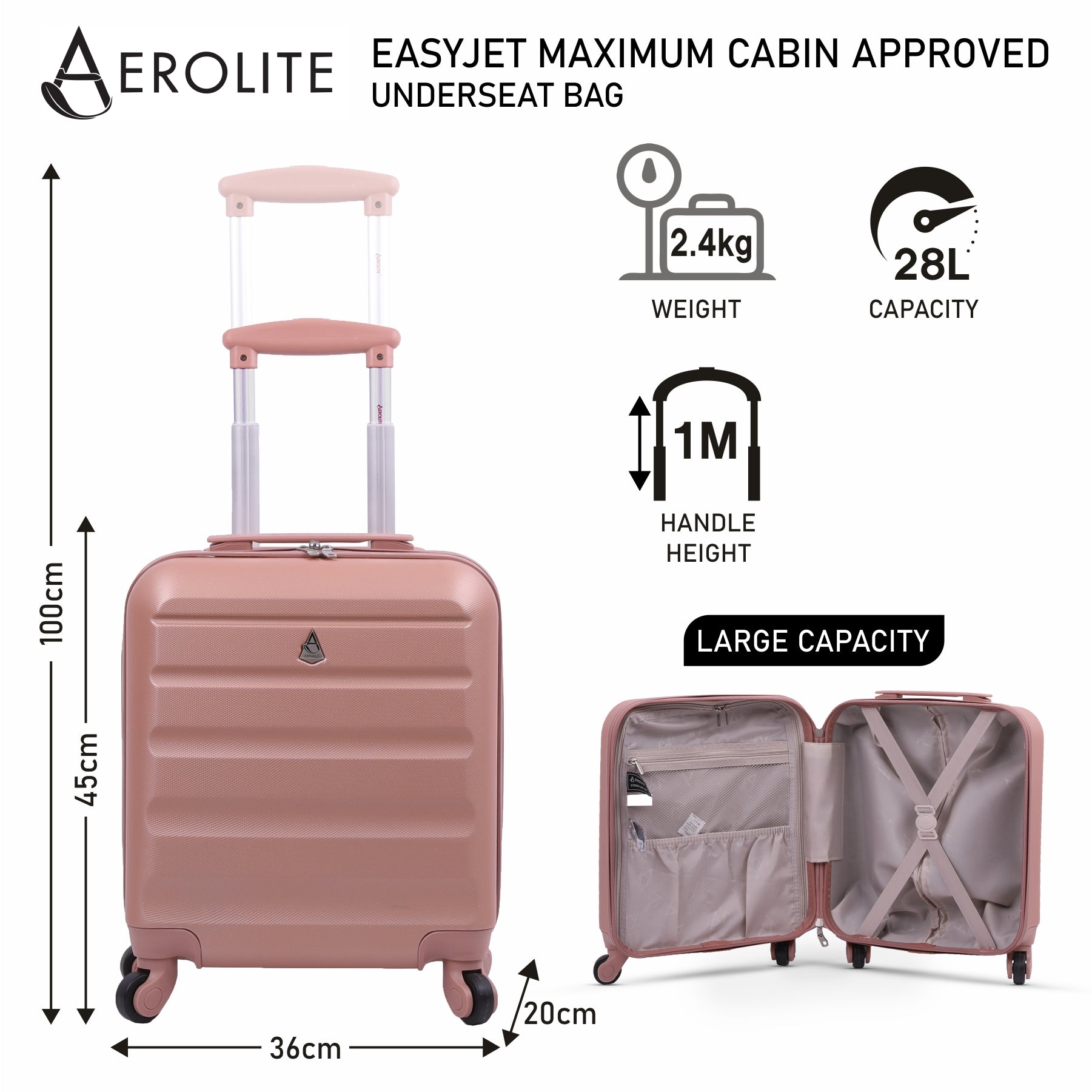 Aerolite 45x36x20cm easyJet Maximum Size Hard Shell Carry On Hand Cabin Luggage Underseat Flight Suitcase with 4 Wheels - Aerolite UK