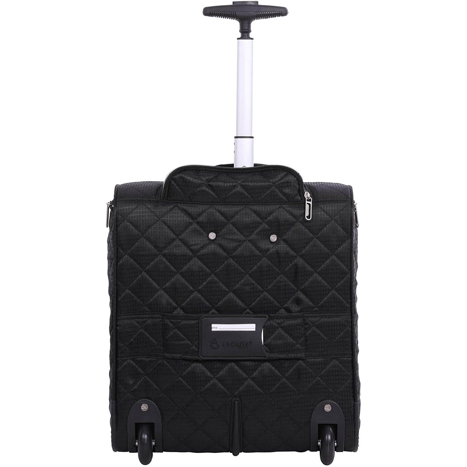 Back view of Aerolite cabin trolley bag in black with sturdy wheels, quilted fabric, and integrated name tag holder.