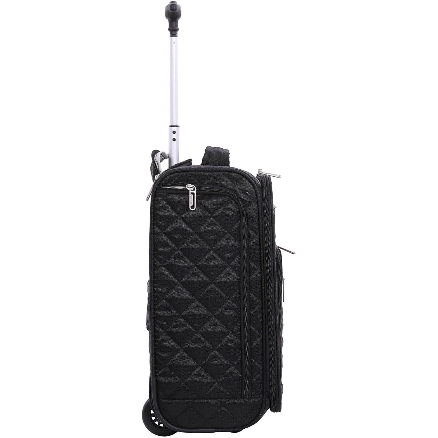 Side view of Aerolite cabin luggage in black, showcasing slim profile, durable wheels, and extending handle.