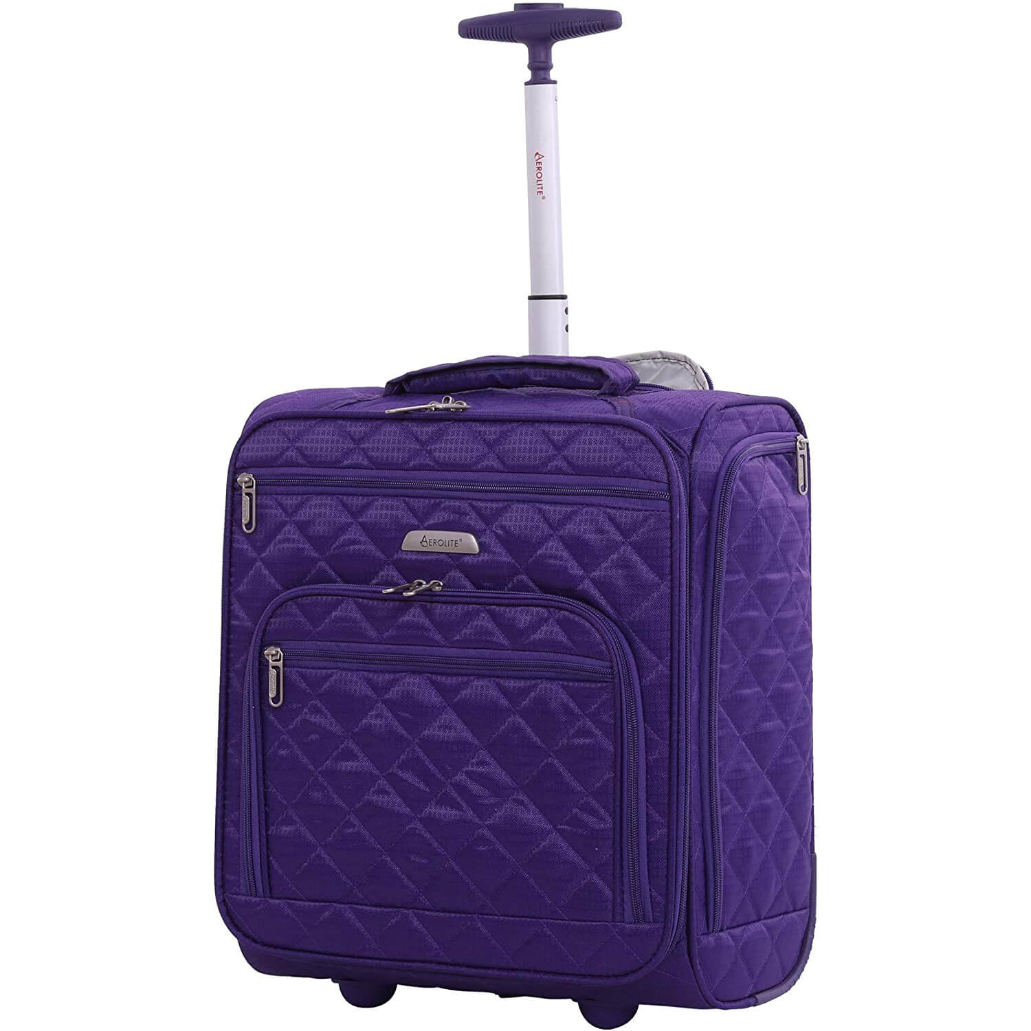 Side angle of Aerolite purple cabin trolley bag with quilted fabric, durable wheels, and compact design for Easyjet flights.