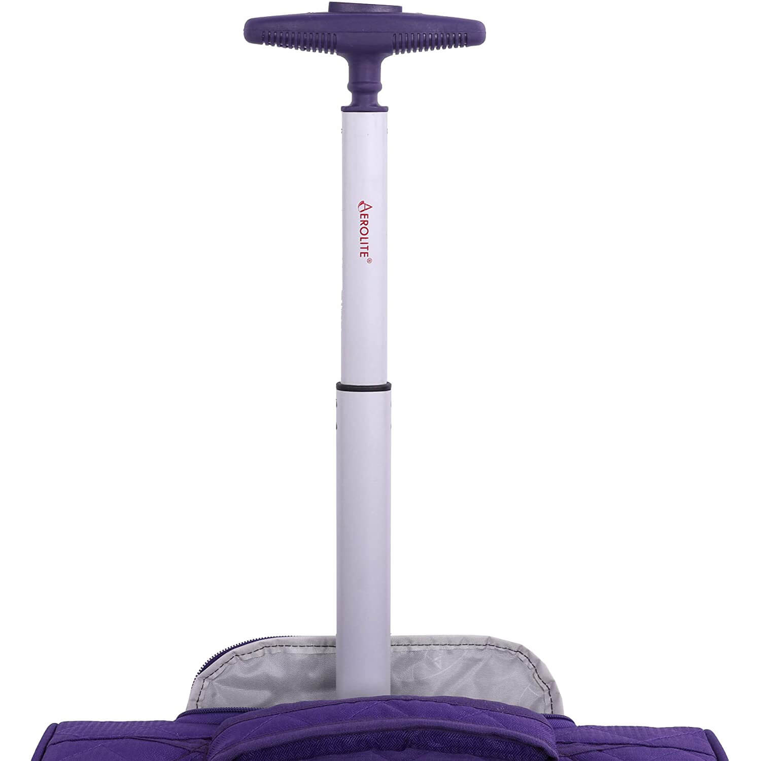 Close-up of Aerolite purple cabin bag's extending handle, designed for easy maneuverability and comfortable grip.