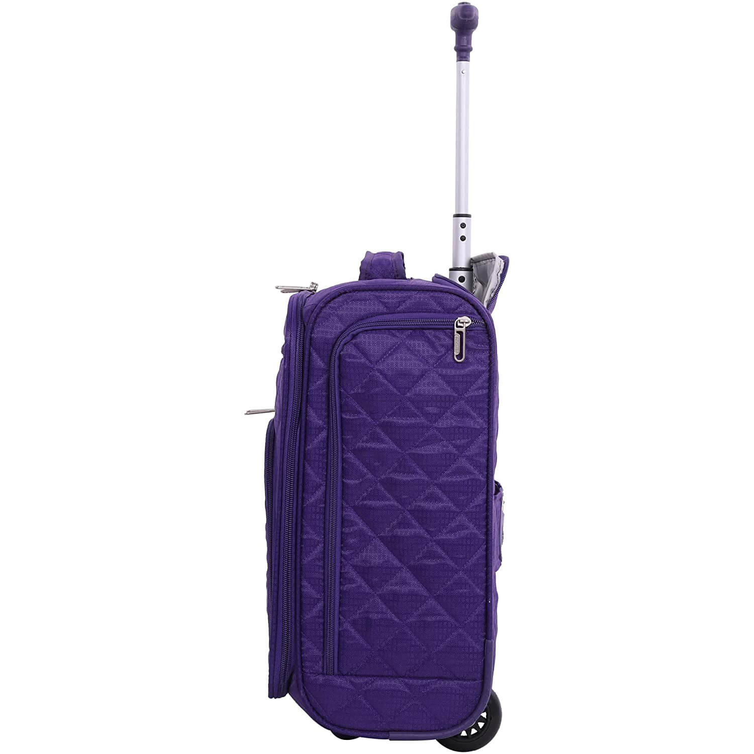 Side view of Aerolite purple cabin luggage with slim profile, durable wheels, and compact design for Easyjet flights.