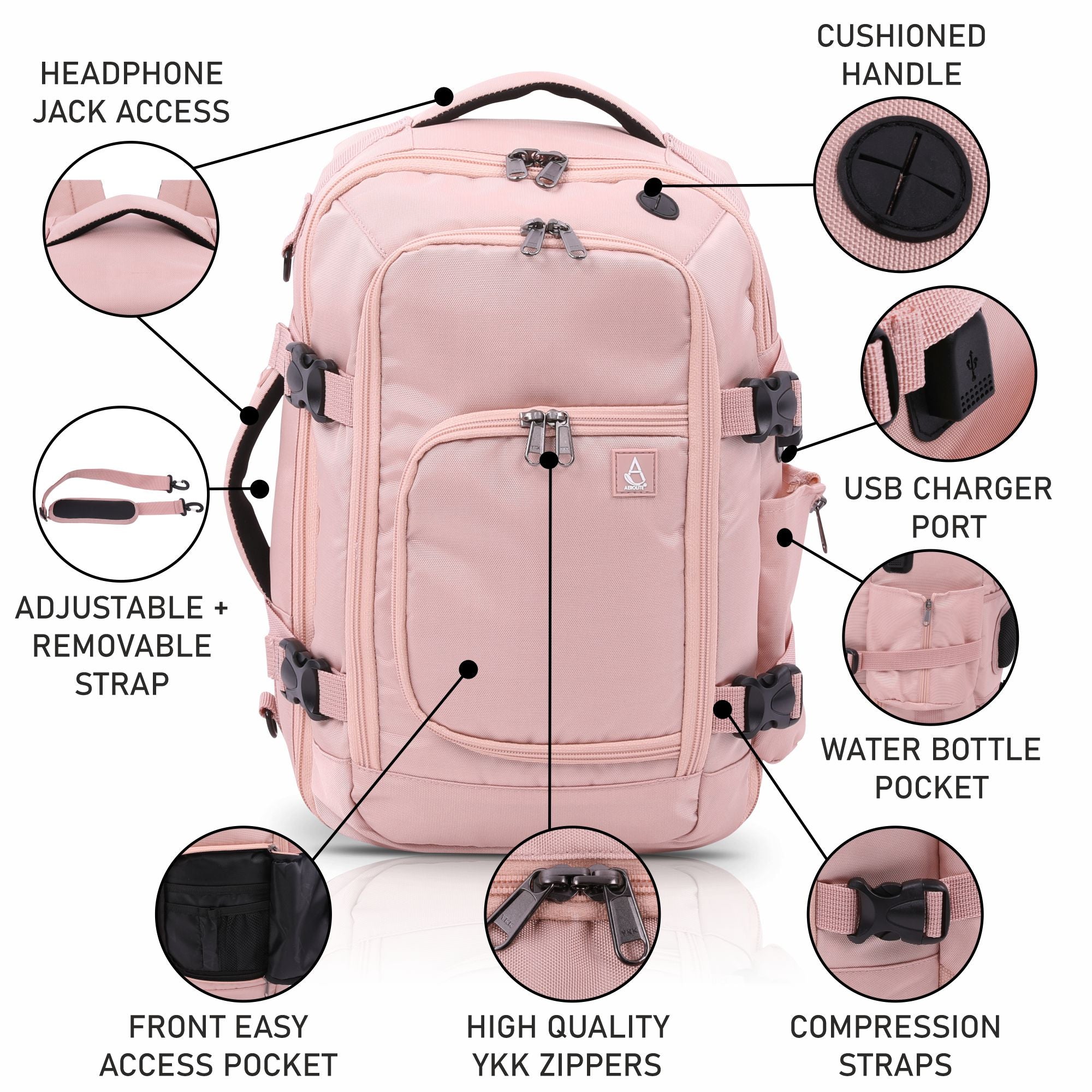 Aerolite (40x20x25cm) Backpack/Rucksack Approved for Ryanair with YKK Zippers, Built-in USB Charging Port, Black