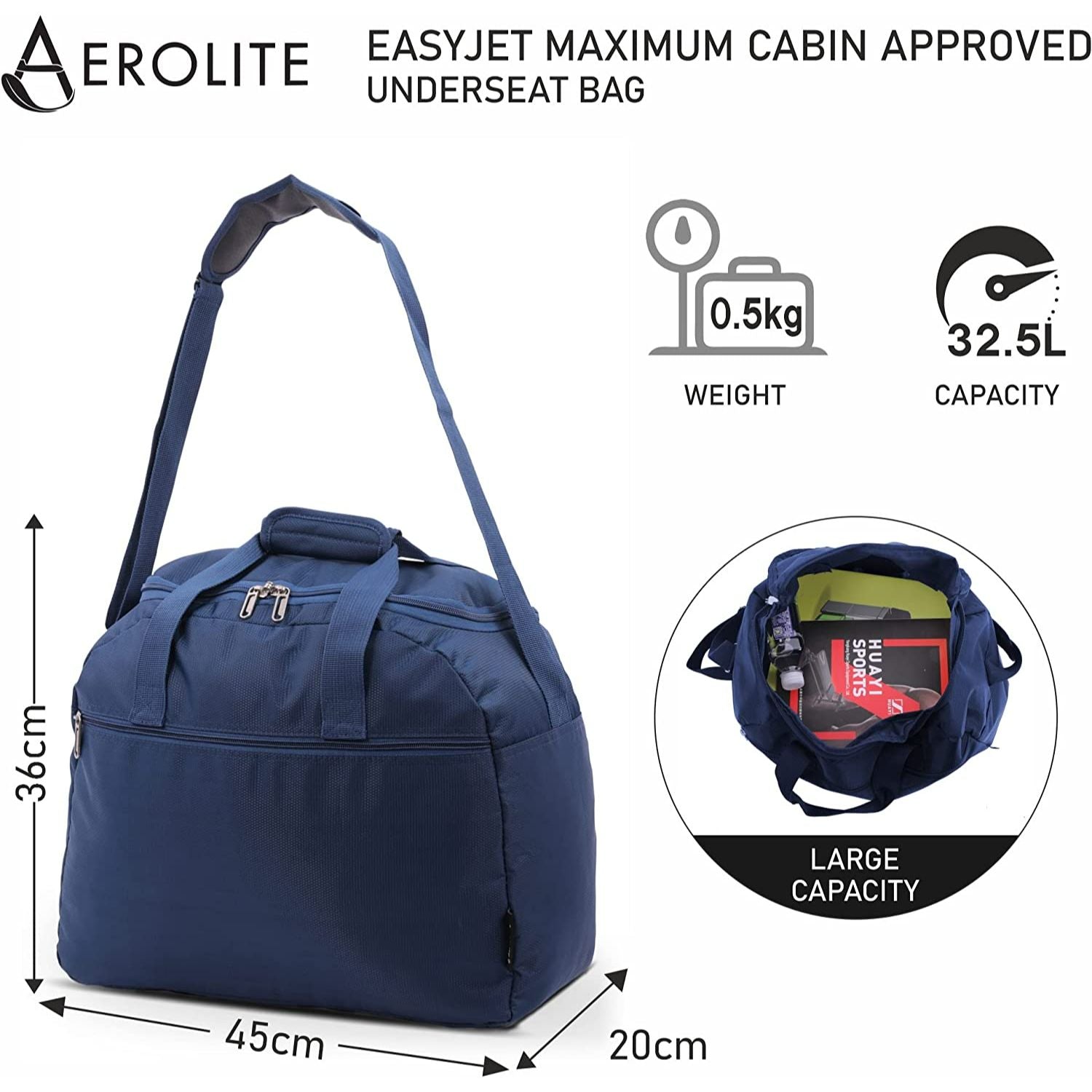 Aerolite Easyjet Maximum Size (45x36x20cm) Holdall New and Improved 2025 Cabin Luggage Under Seat Flight Bag