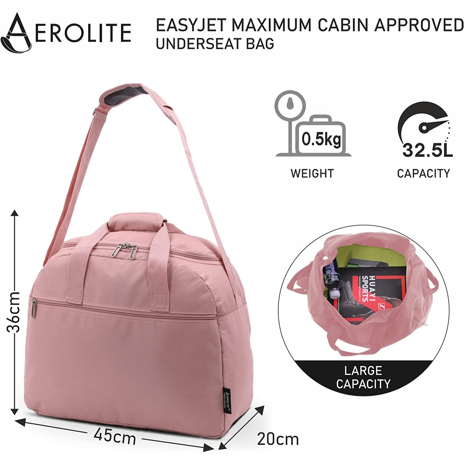 Aerolite Easyjet Maximum Size (45x36x20cm) Holdall New and Improved 2025 Cabin Luggage Under Seat Flight Bag