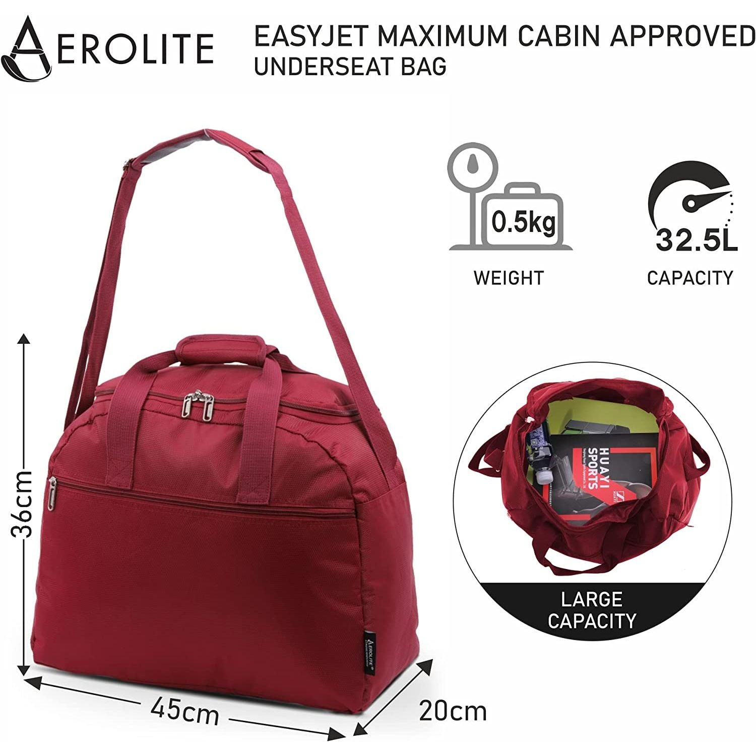 Aerolite Easyjet Maximum Size (45x36x20cm) Holdall New and Improved 2025 Cabin Luggage Under Seat Flight Bag