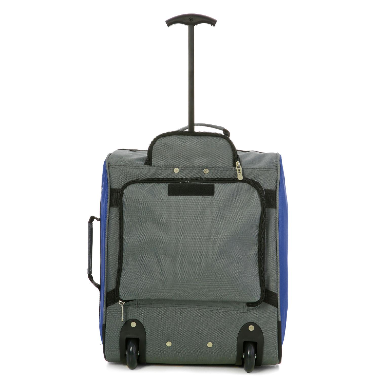 Back view of Aerolite MiniMAX blue suitcase with durable fabric and compact design, ideal for under-seat travel.