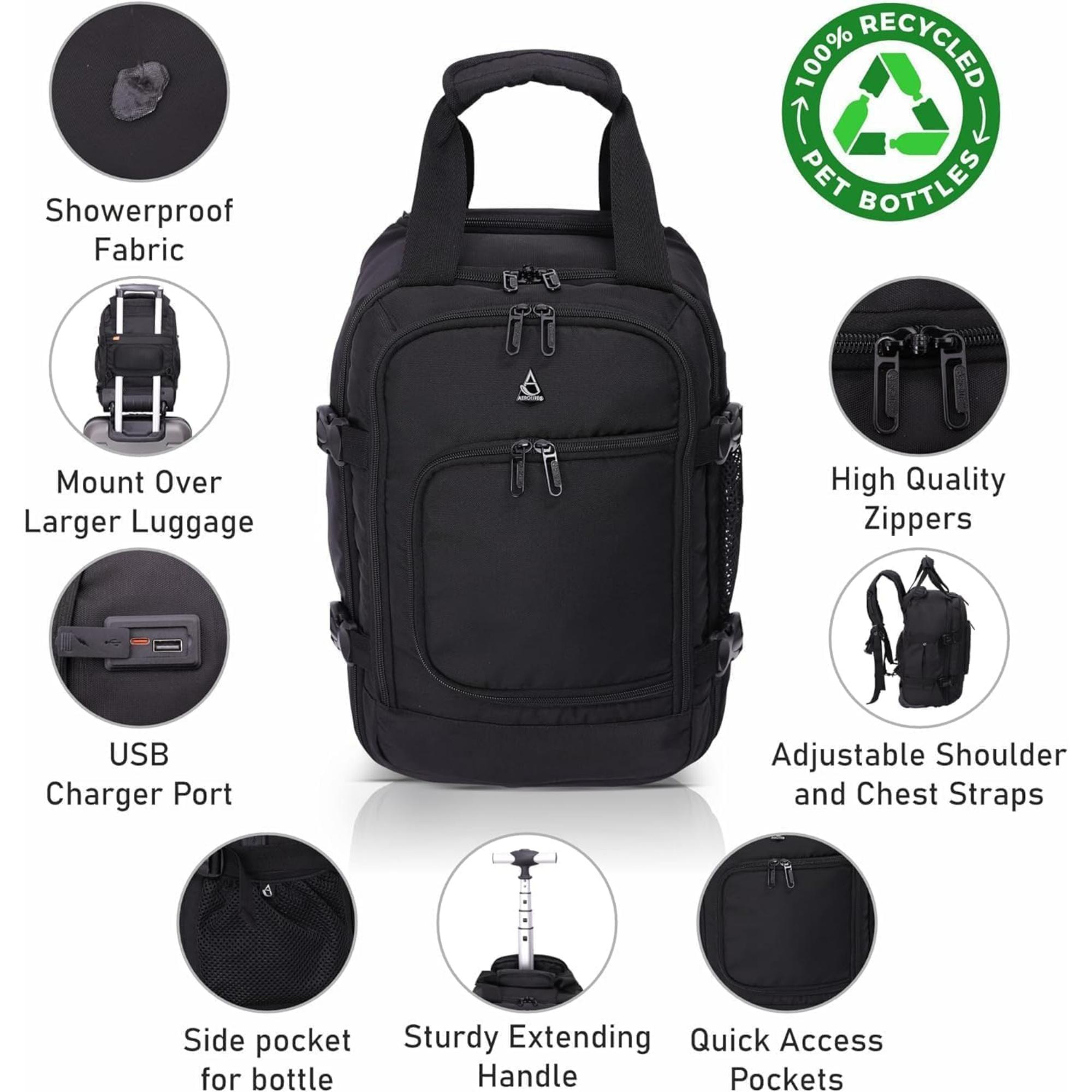 Aerolite 45x36x20 Easyjet Maximum Size Backpack Trolley Bag With 2 Wheels Recycled Eco-Friendly Cabin Luggage Approved Extendable Handle Travel Carry On Holdall Flight Rucksack with 10 Year Warranty - Aerolite UK