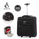 Black Aerolite under-seat trolley bag featuring high-mileage wheels, quilted fabric, and organized compartments, 5-year guarantee.