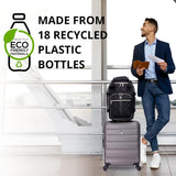 Aerolite eco-friendly backpack made from 18 recycled plastic bottles, displayed with a suitcase, highlighting its sustainable and travel-friendly design.