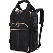 Aerolite backpack with open compartments showing organized storage for travel essentials, including documents, cables, and small accessories.