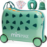 Aerolite MiniMax Childrens Ride-On Suitcase Fits 45x36x20cm Easyjet Maximum Size Kids Hand Luggage With Wheels 29L, Free Neck Pillow, Travel Bag & Stickers (Green)