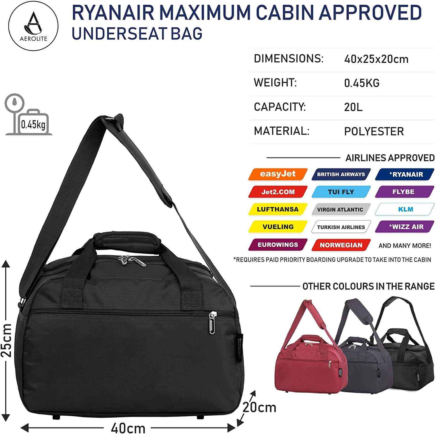 Aerolite (55x35x20cm) Set of 3 Lightweight Hard Shell Cabin Suitcase (x3 Set), Free 40x20x25cm Holdall & Luggage Scale, Approved For Ryanair (Priority), easyJet (Flexi/Plus/Large Cabin)
