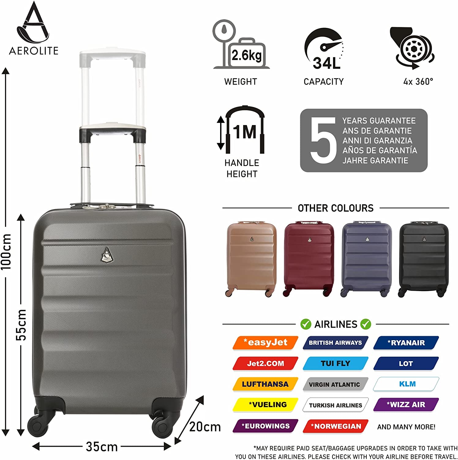 Aerolite (55x35x20cm) Set of 3 Lightweight Hard Shell Cabin Suitcase ( –  Aerolite UK