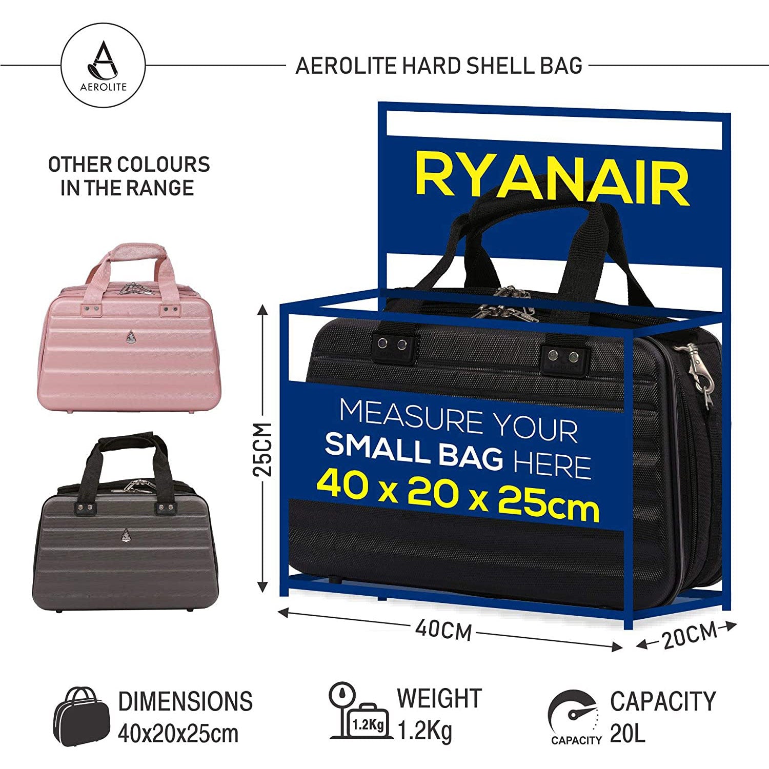 Aerolite (40x20x25cm) Hand Luggage Holdall Bag, Maximum Allowed Size For Ryanair, Approved For Ryanair, easyJet, British Airways, Jet2, Wizz Air, Virgin Atlantic and Many More