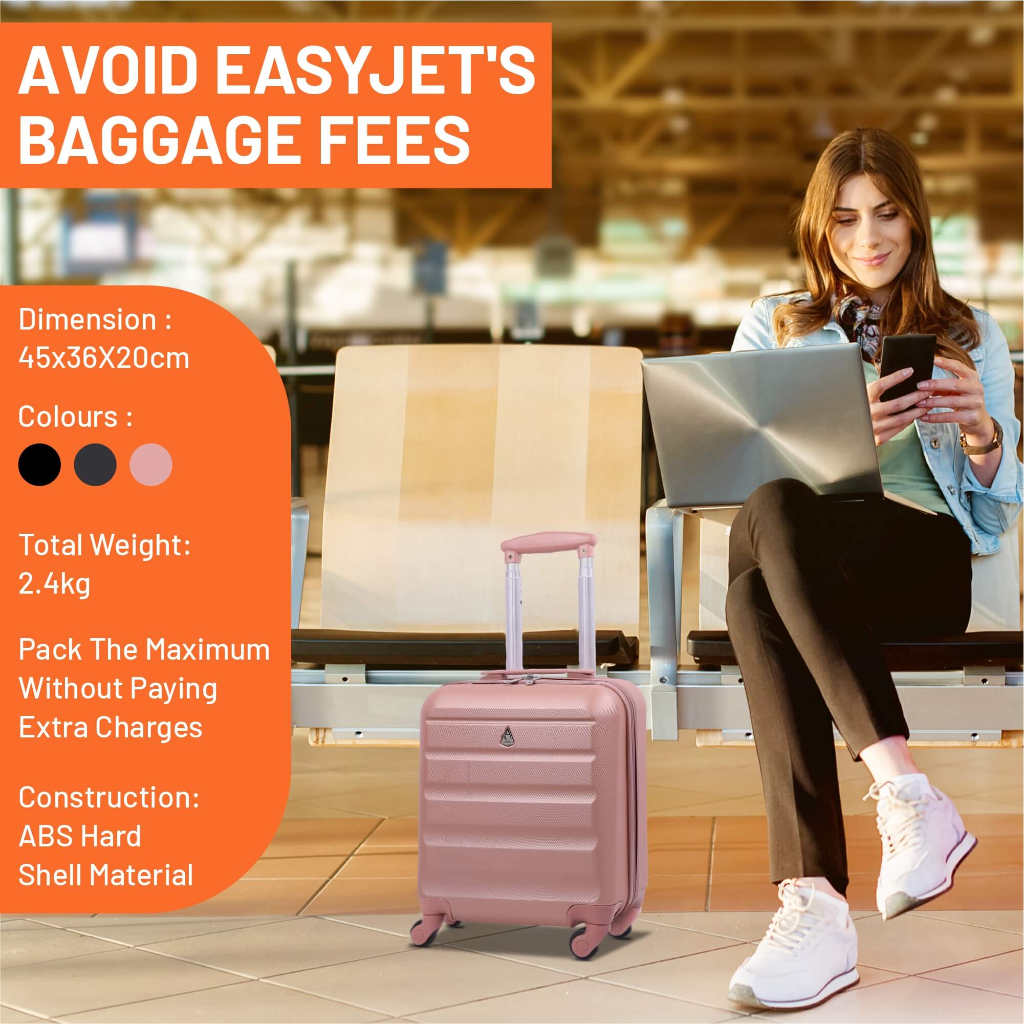 4Wheel Hard Shell Suitcase Trolley Luggage EasyJet Under Seat Cabin Bag  45x36x20