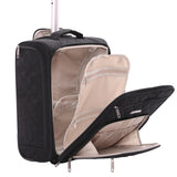 Aerolite black cabin luggage with open front compartment, revealing spacious interior and organized storage options.