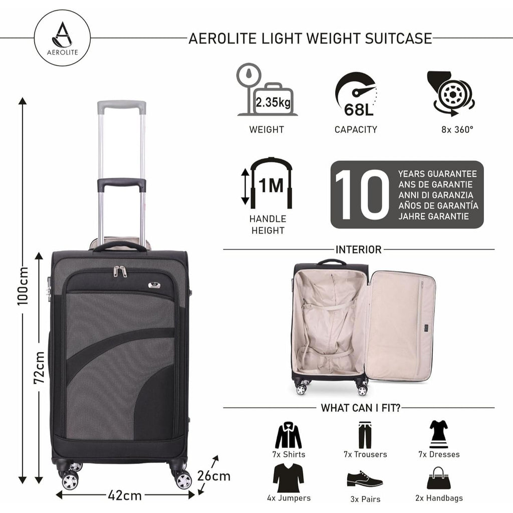Aerolite Ultra Lightweight 4-Wheel Spinner Cabin/M/L Suitcases, Hold Lugagge, Cabin Luggage & Luggage Sets, Black/Grey, Black, hand luggage