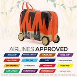 MiniMax 45x36x20cm Kids Tiger Ride-On Suitcase 4PC Set – EasyJet Max Size 29L Children’s Cabin Luggage with Drawstring Bag, Neck Pillow & Stickers