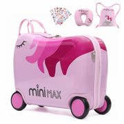 MiniMax Kids Ride-On Suitcase 45x36x20cm – Unicorn 4PC Travel Set with Bag, Neck Pillow & Stickers – EasyJet Max Size 29L Children’s Cabin Luggage