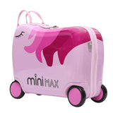 MiniMax Kids Ride-On Suitcase 45x36x20cm – Unicorn 4PC Travel Set with Bag, Neck Pillow & Stickers – EasyJet Max Size 29L Children’s Cabin Luggage