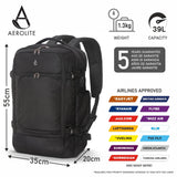 Aerolite (55x35x20cm) 39L Cabin Luggage Laptop Backpack Rucksack With YKK Zippers Fits Up To 15.6" Laptop, Approved for Ryanair (Priority), easyJet Plus, British Airways & Many More