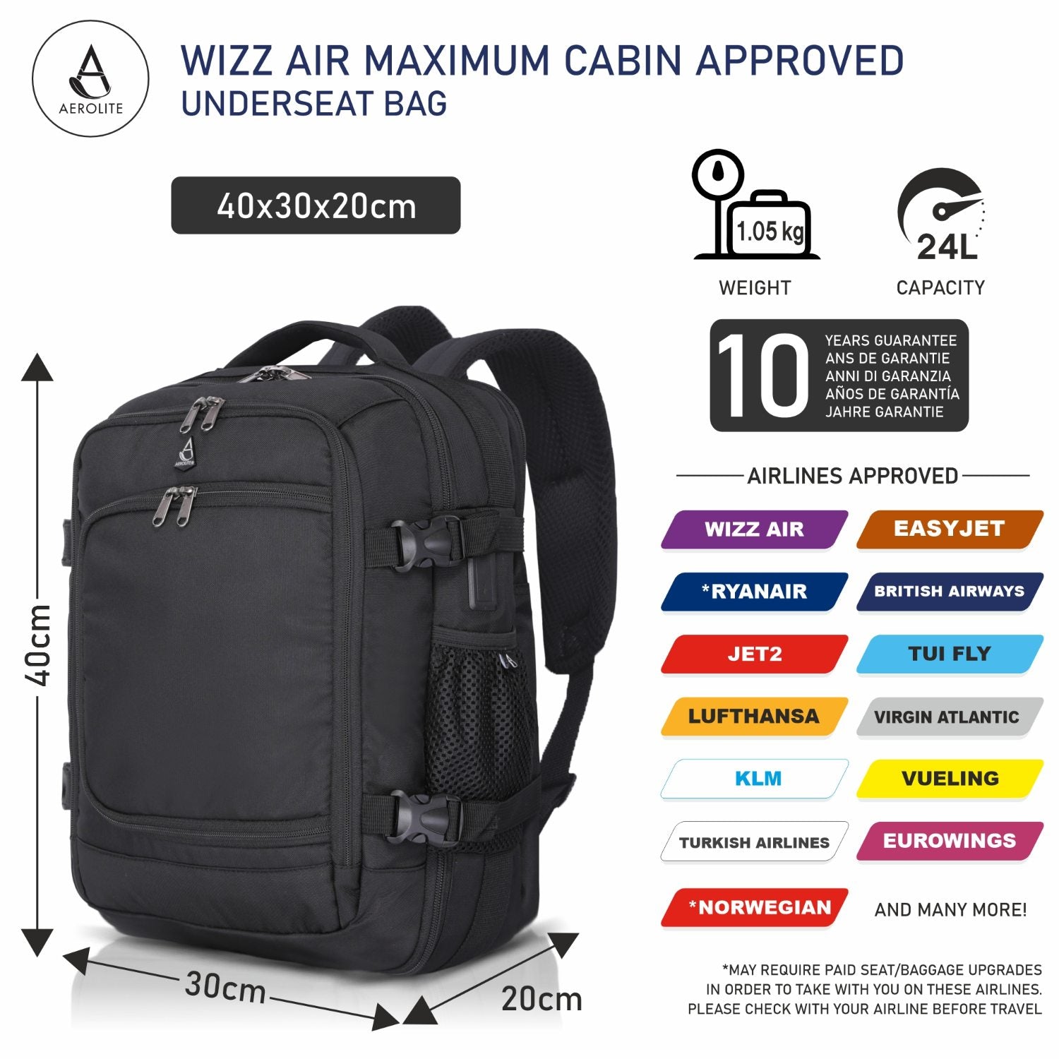 backpack size for travel on plane Aerolite 40x30x20cm Ryanair & Wizz Air Maximum Cabin Size Eco-Friendly – Aerolite UK
