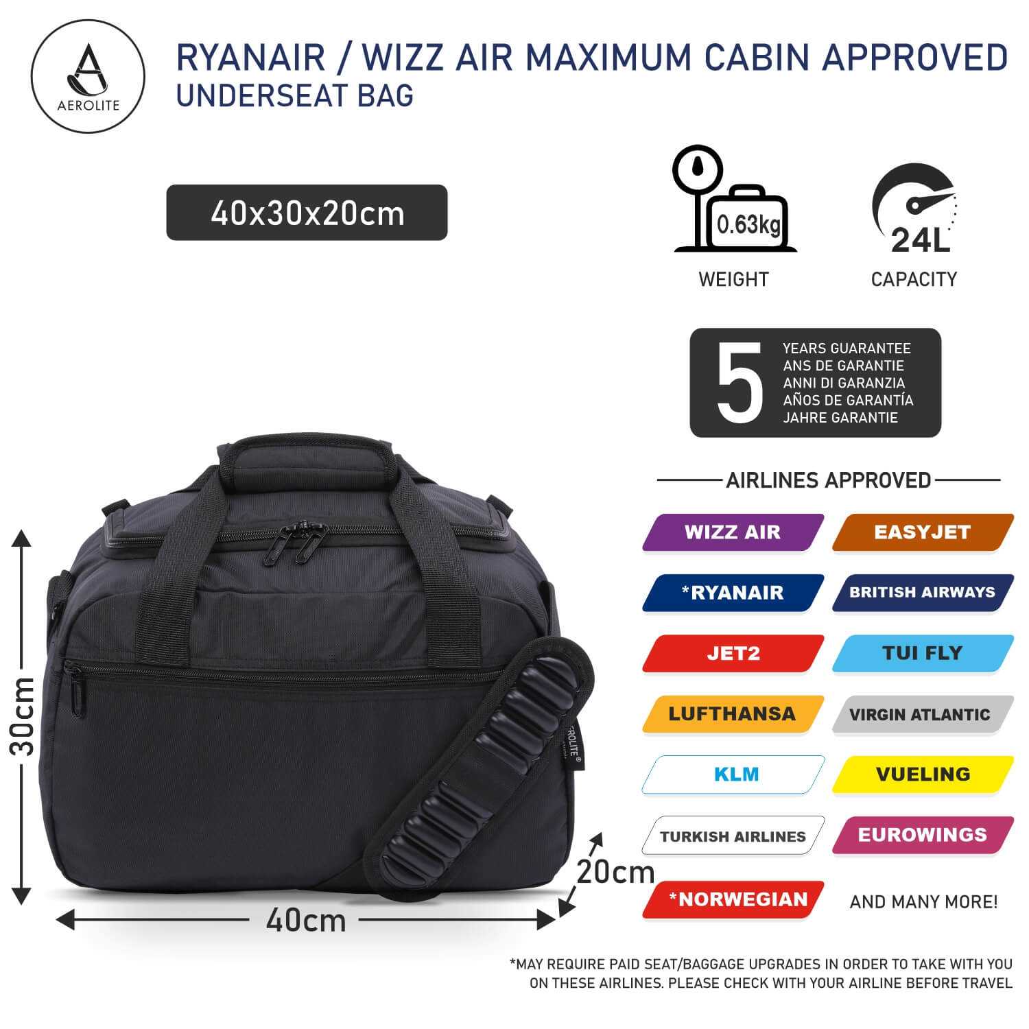 Ryanair & EasyJet Approved Cabin Bag | Lightweight Travel Holdall On Wheels - IN Ryanair - Foto 1