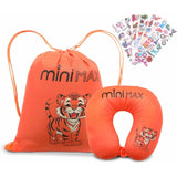 Kids Travel Accessories Set – Neck Pillow, Drawstring Bag & 50 Stickers, Children’s Travel Essentials Bundle for Flights, Holidays & Ride On Suitcases - Tiger