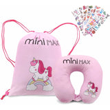 Kids Travel Accessories Set – Neck Pillow, Drawstring Bag & 50 Stickers, Children’s Travel Essentials Bundle for Flights, Holidays & Ride On Suitcases - Unicorn
