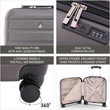 Aerolite suitcase features: TSA lock, spinner wheels