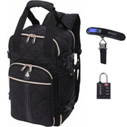 Aerolite backpack with open compartments showing organized storage for travel essentials, including documents, cables, and small accessories.