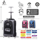 Aerolite MiniMax trolley backpack in black, pink, and blue color options with dimensions, weight, and airline compatibility details.