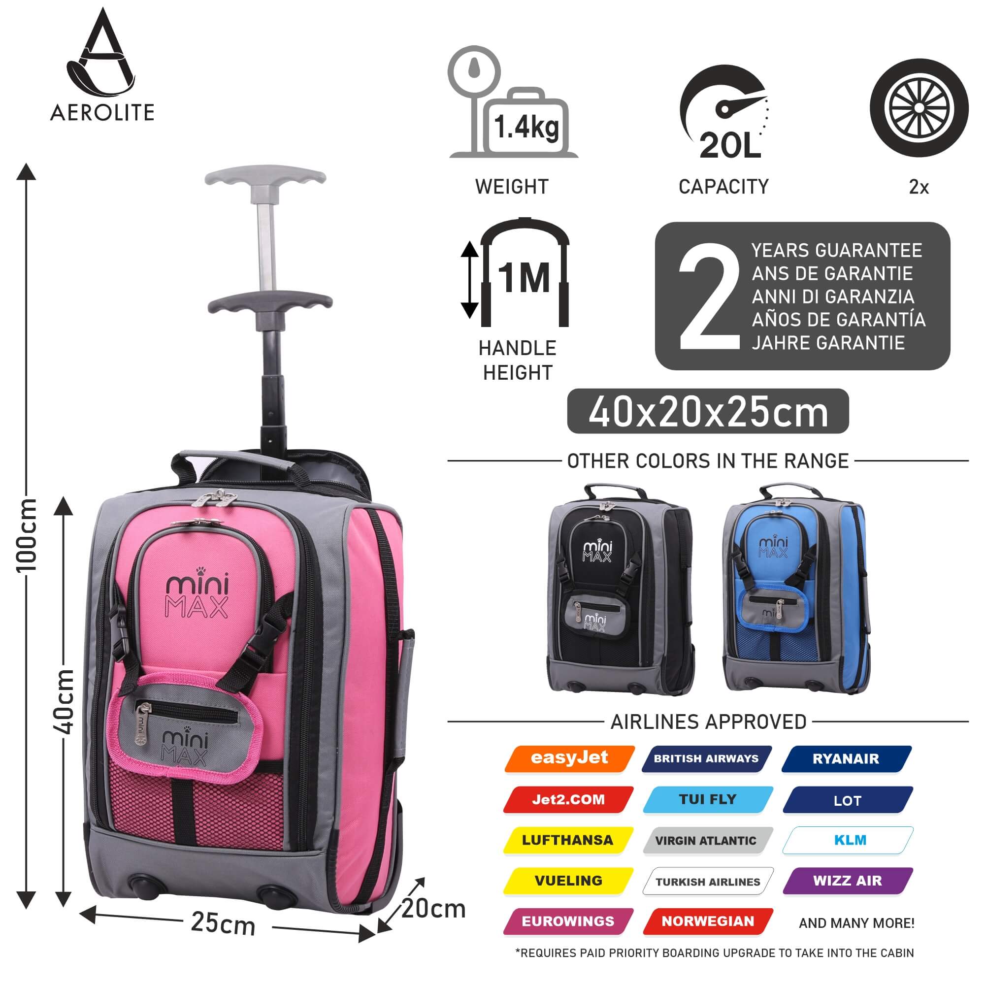 Aerolite MiniMax Ryanair Maximum 40x20x25cm Size Cabin Hand Luggage, 20L Under Seat Trolley Backpack, Carry On Cabin Hand Luggage with 2 Year Warranty