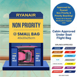 Ryanair-approved Aerolite MiniMax cabin bag fitting 40x20x25cm size, displayed in a luggage sizer with airline compatibility details.