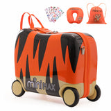 MiniMax 45x36x20cm 29L Kids Ride-On Suitcase 4PCS Set Inc Drawstring Bag, Neck Pillow & 50+ Personalisation Stickers, Easyjet Max Size Childrens Rolling Hand Cabin Luggage 45x36x20 (Tiger)